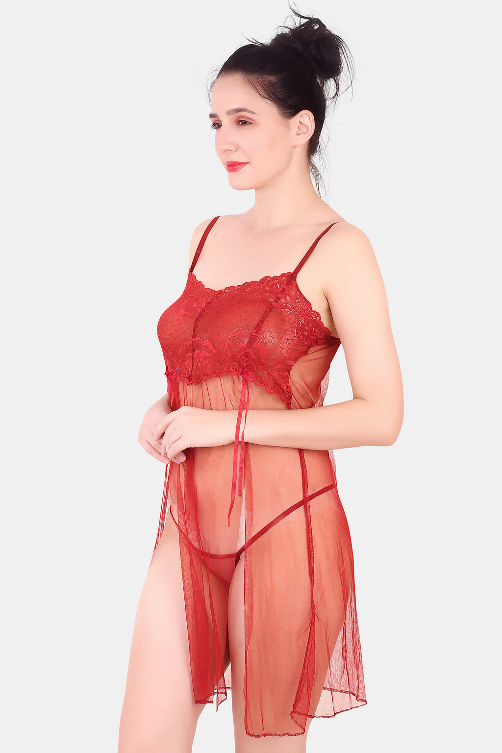 Maroon Self Design Power Net Baby Doll Nighty with Thong for Women