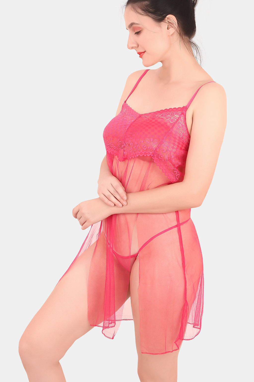Self Design Power Net Baby Doll Nighty for Women, Pink