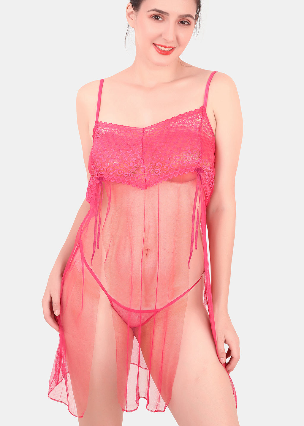 Self Design Power Net Baby Doll Nighty for Women, Pink