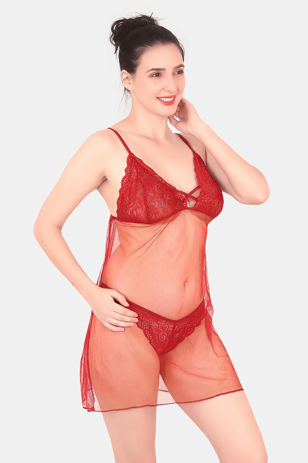 Self Design Power Net Baby Doll Nighty for Women