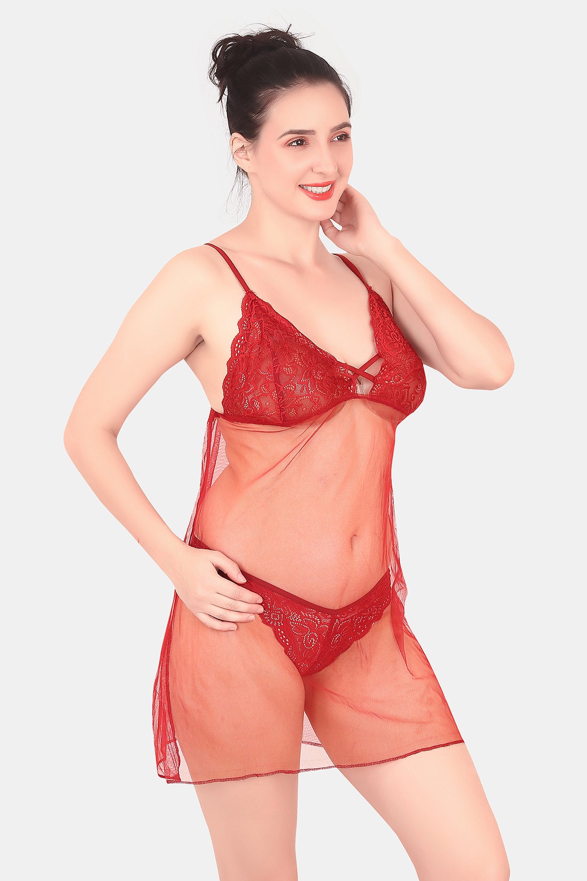 Self Design Power Net Baby Doll Nighty for Women