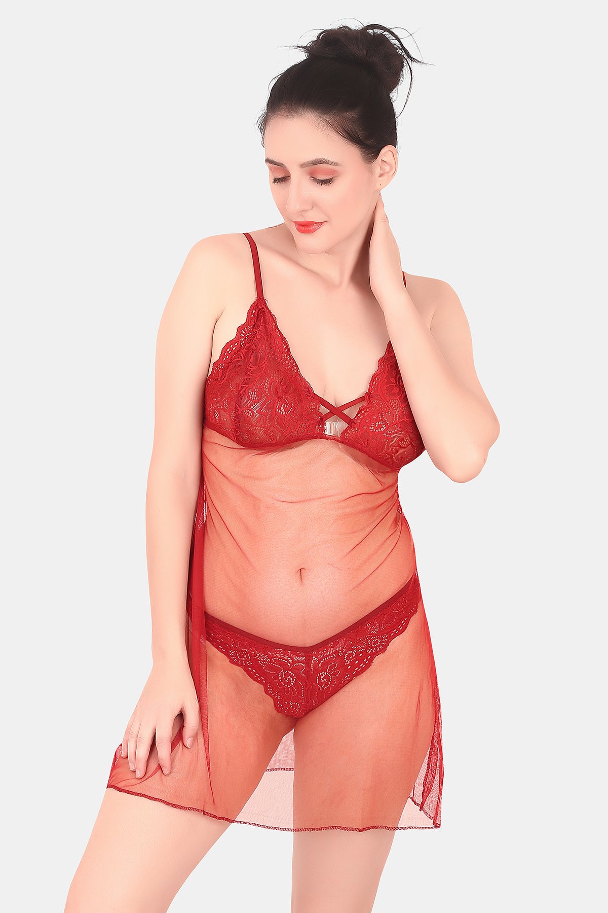 Self Design Power Net Baby Doll Nighty for Women