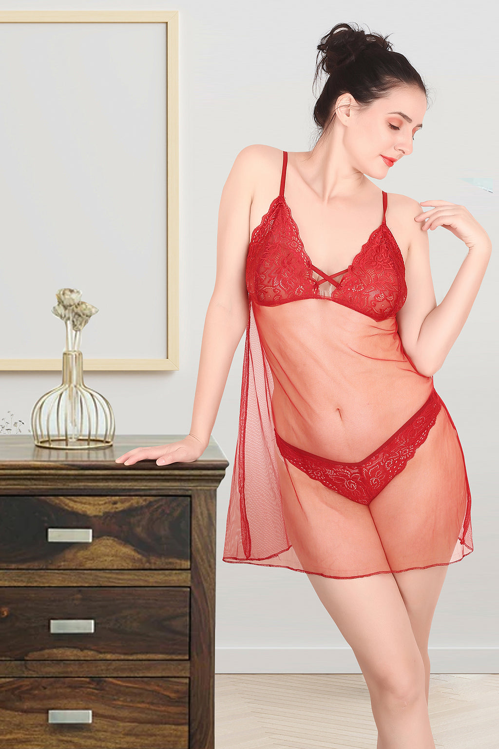 Self Design Power Net Baby Doll Nighty for Women