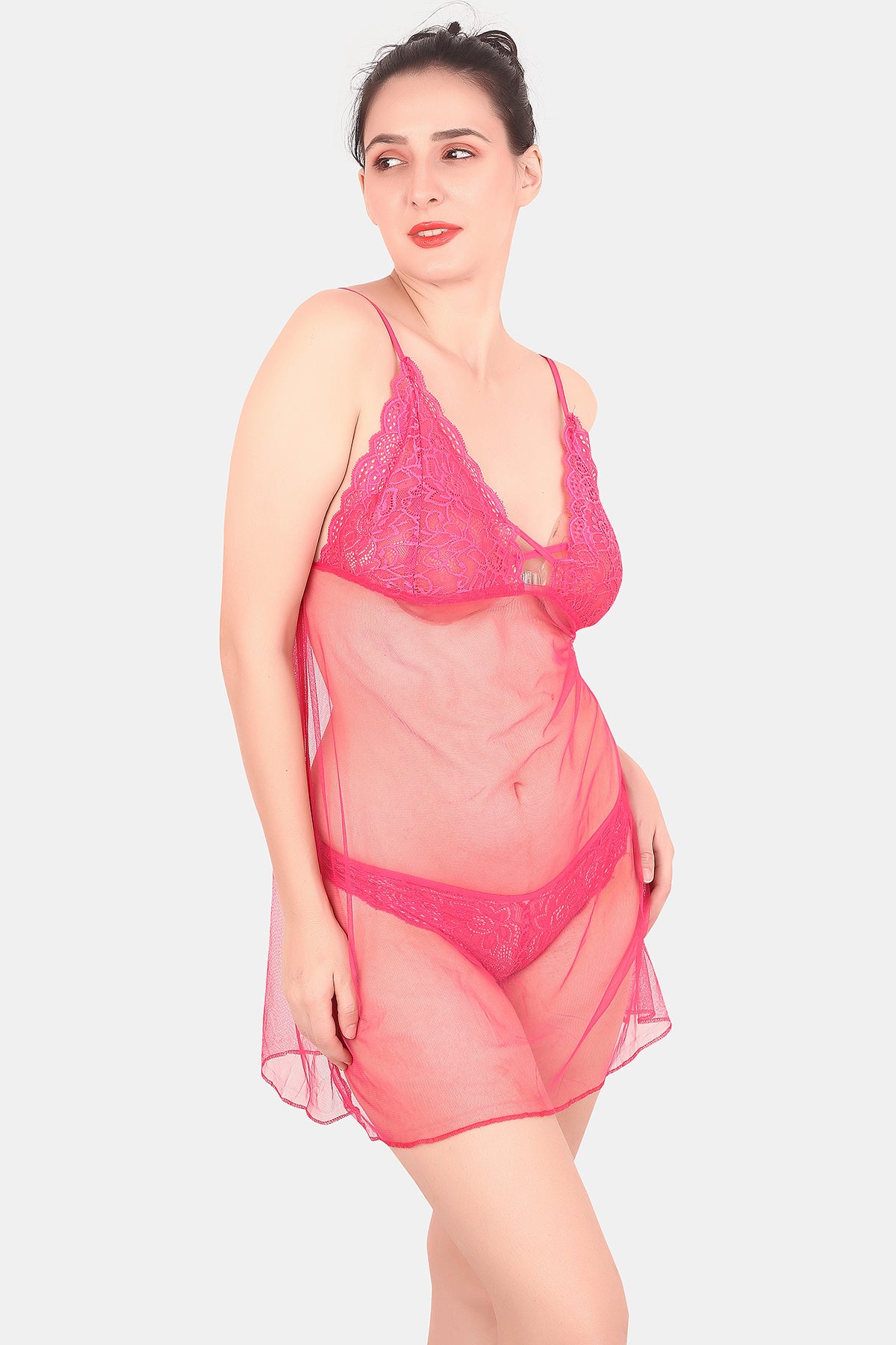Self Design Power Net Baby Doll Nighty for Women, Pink