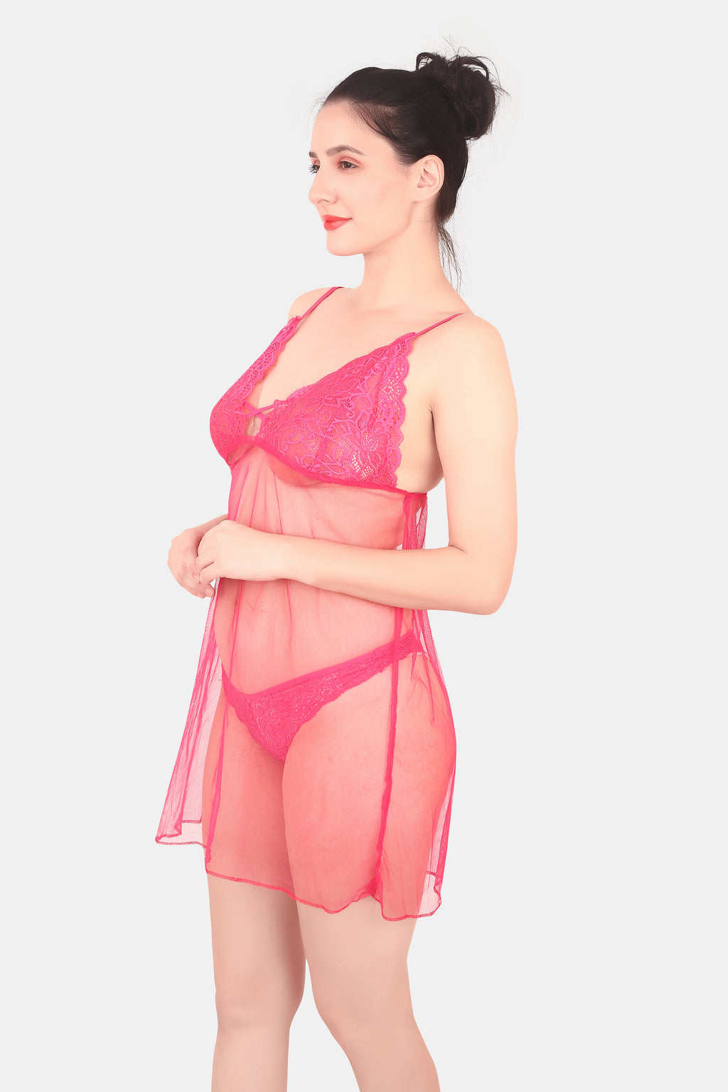 Self Design Power Net Baby Doll Nighty for Women, Pink
