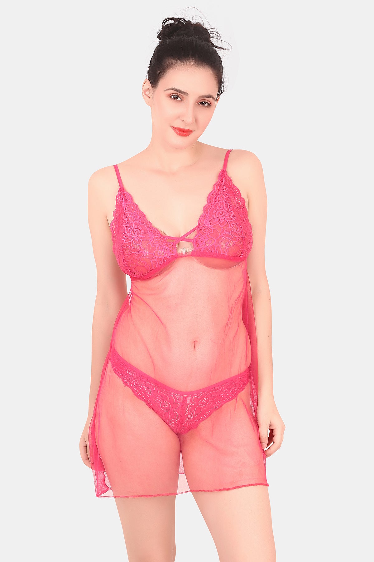 Self Design Power Net Baby Doll Nighty for Women, Pink