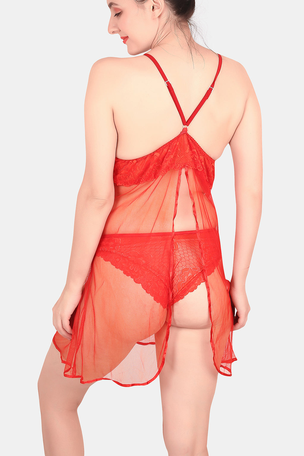 Self Design Power Net Baby Doll Nighty for Women, Red