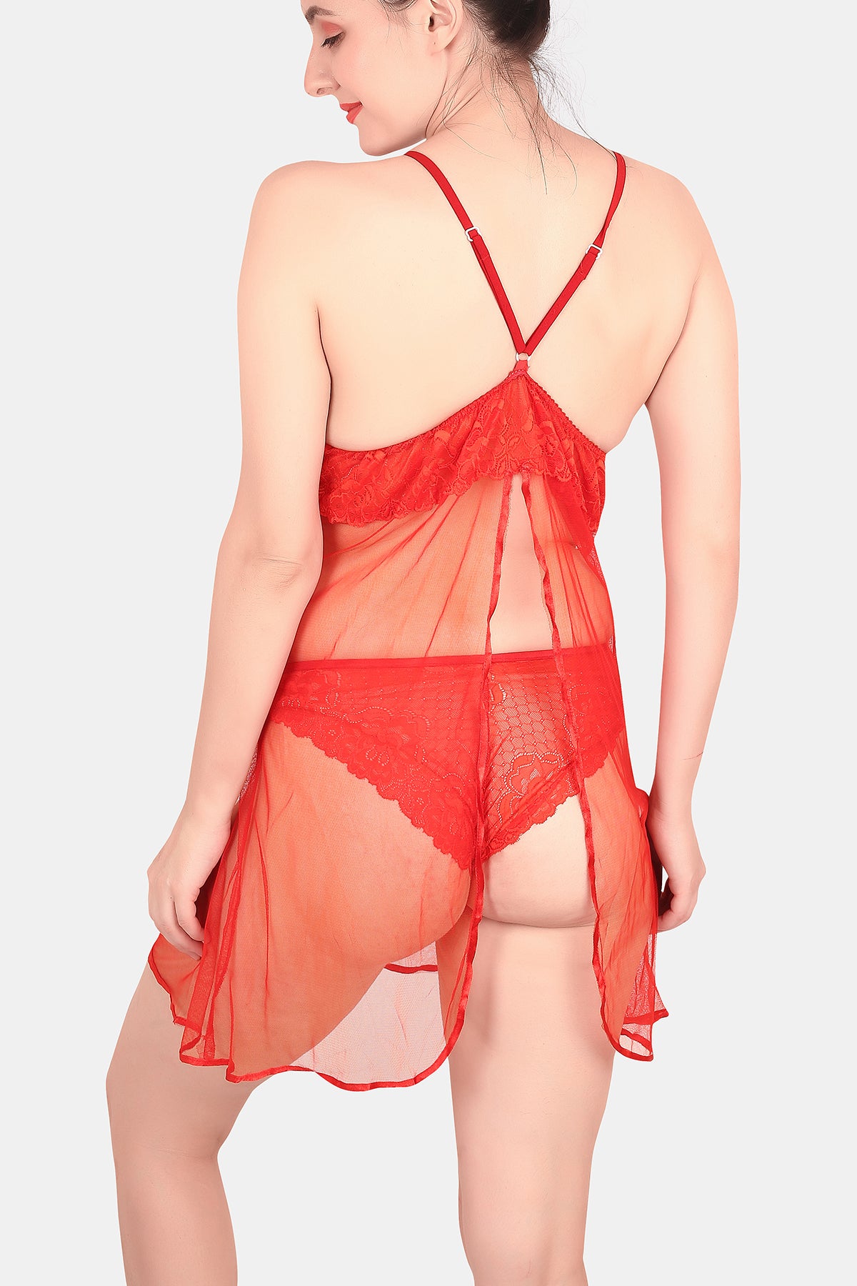 Self Design Power Net Baby Doll Nighty for Women, Red
