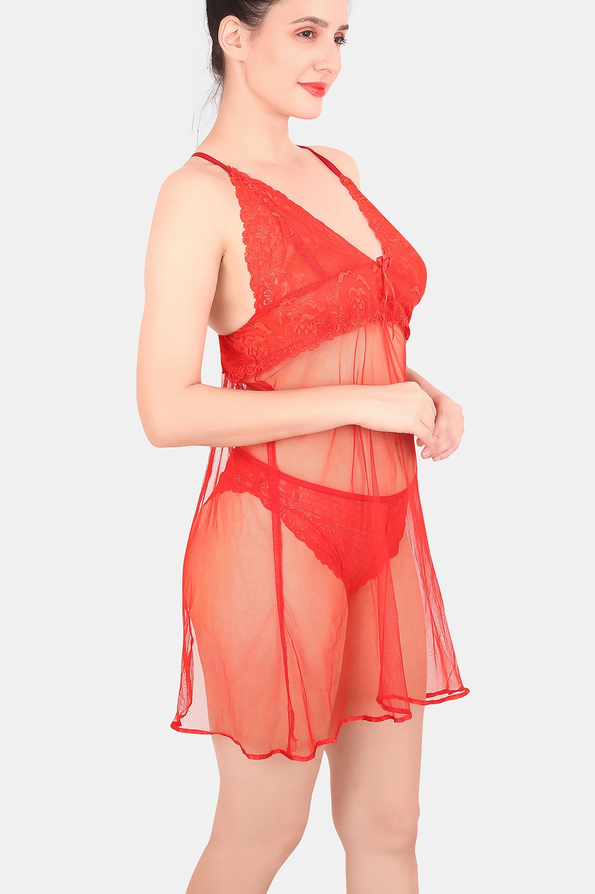 Self Design Power Net Baby Doll Nighty for Women, Red