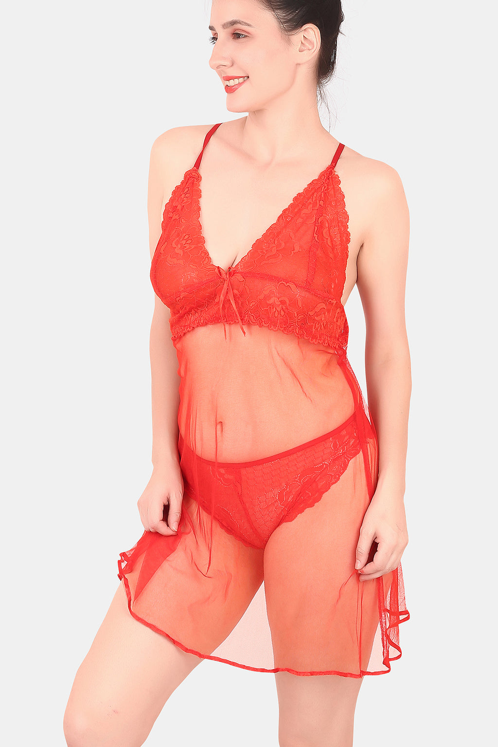 Self Design Power Net Baby Doll Nighty for Women, Red