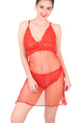 Self Design Power Net Baby Doll Nighty for Women, Red