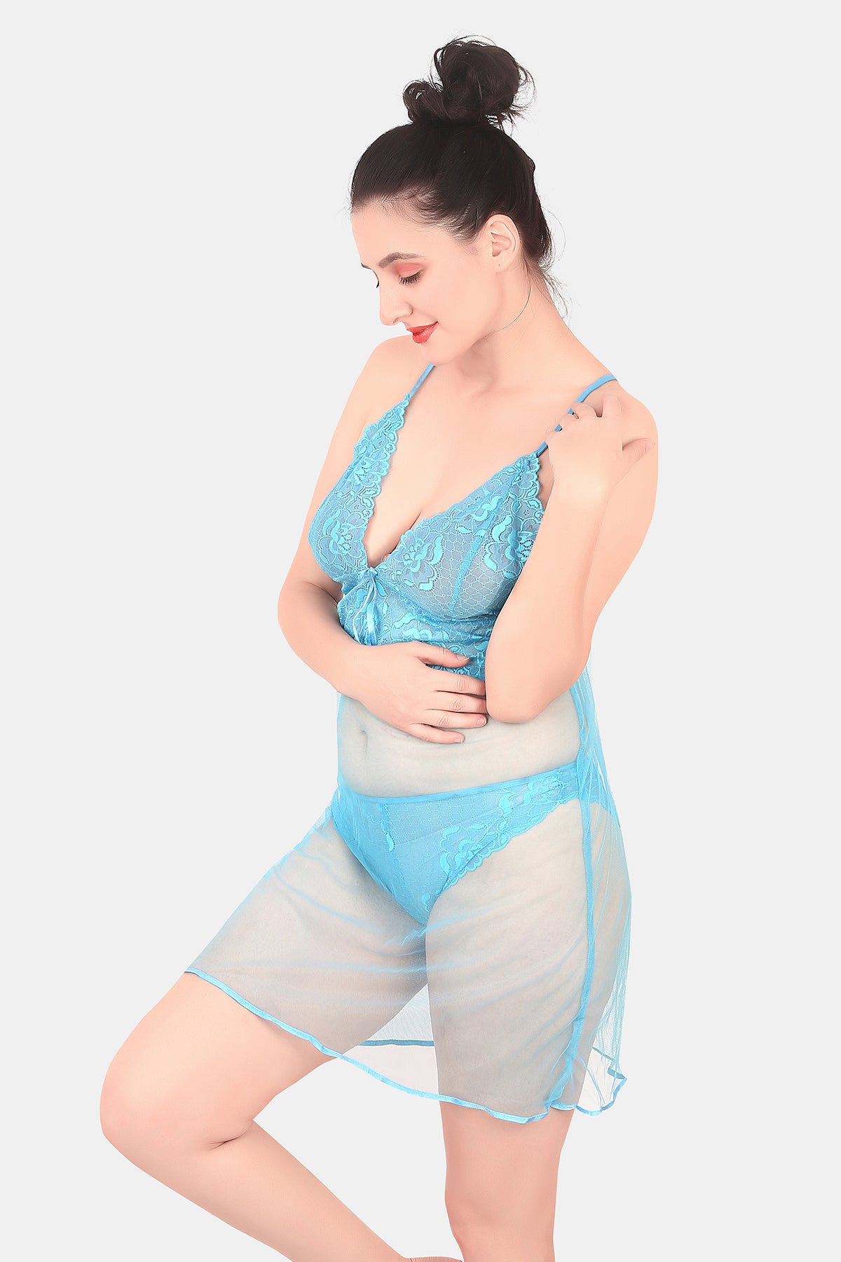 Self Design Power Net Baby Doll Nighty for Women, Sky Blue