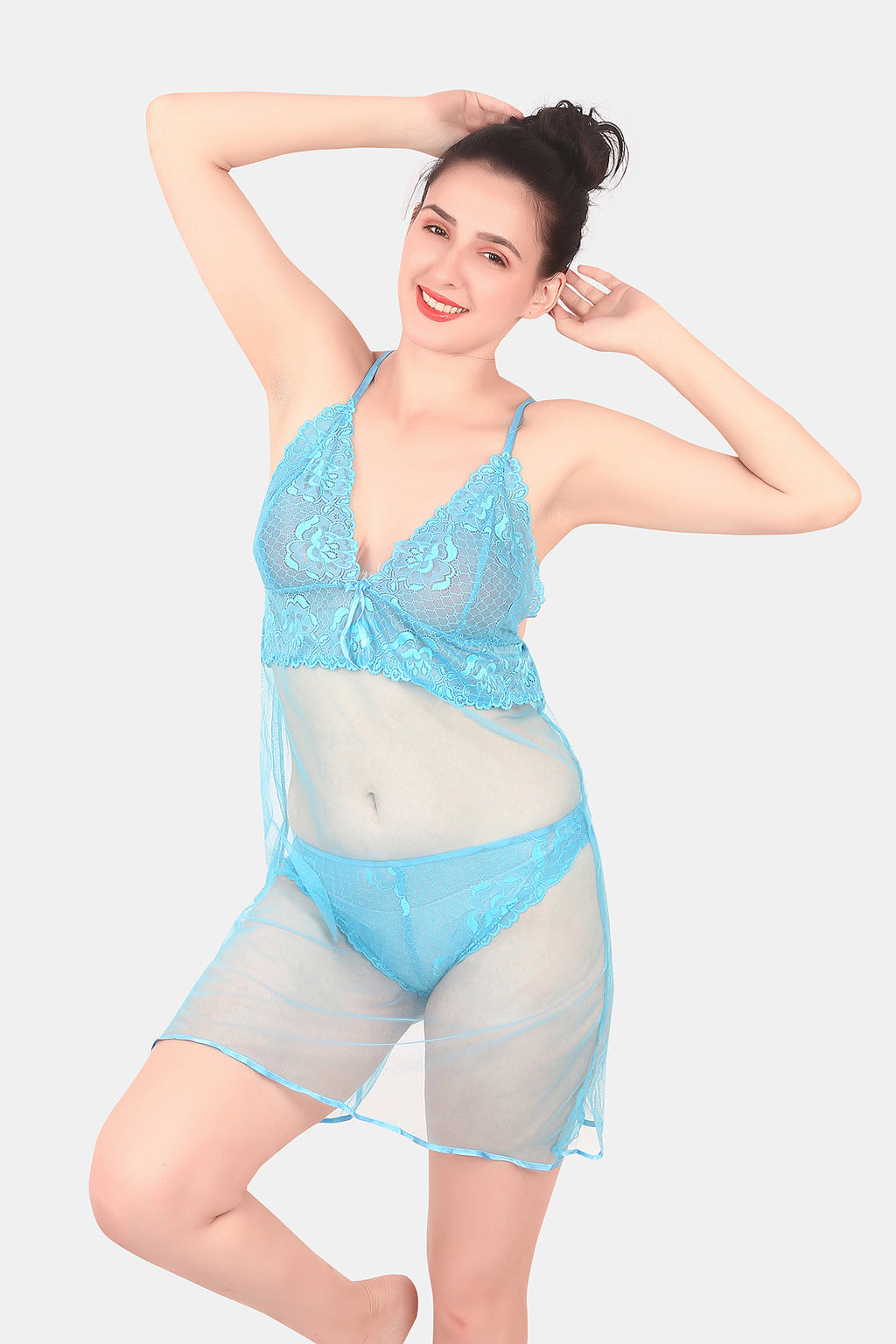 Self Design Power Net Baby Doll Nighty for Women, Sky Blue