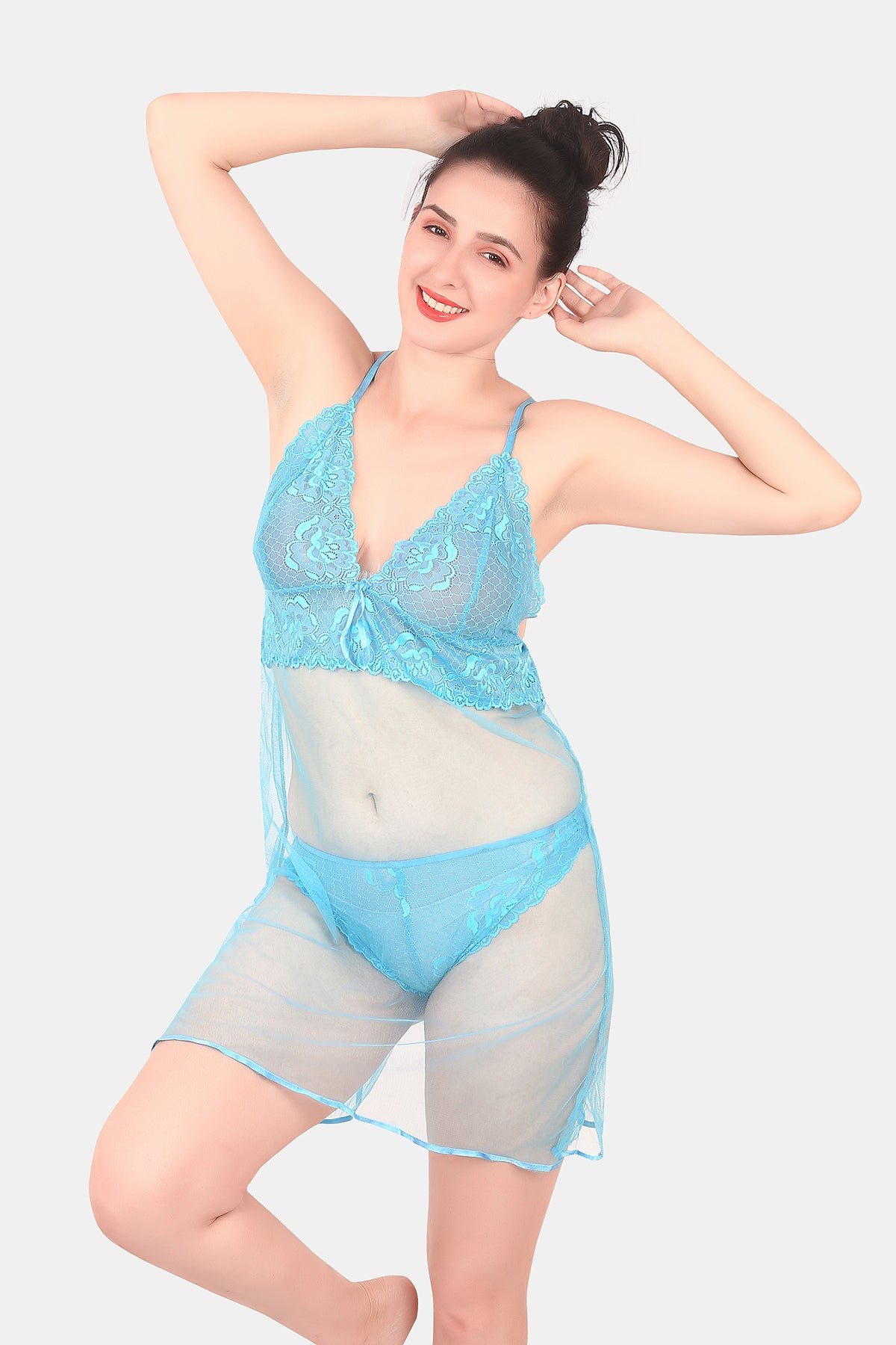 Self Design Power Net Baby Doll Nighty for Women, Sky Blue