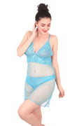 Self Design Power Net Baby Doll Nighty for Women, Sky Blue