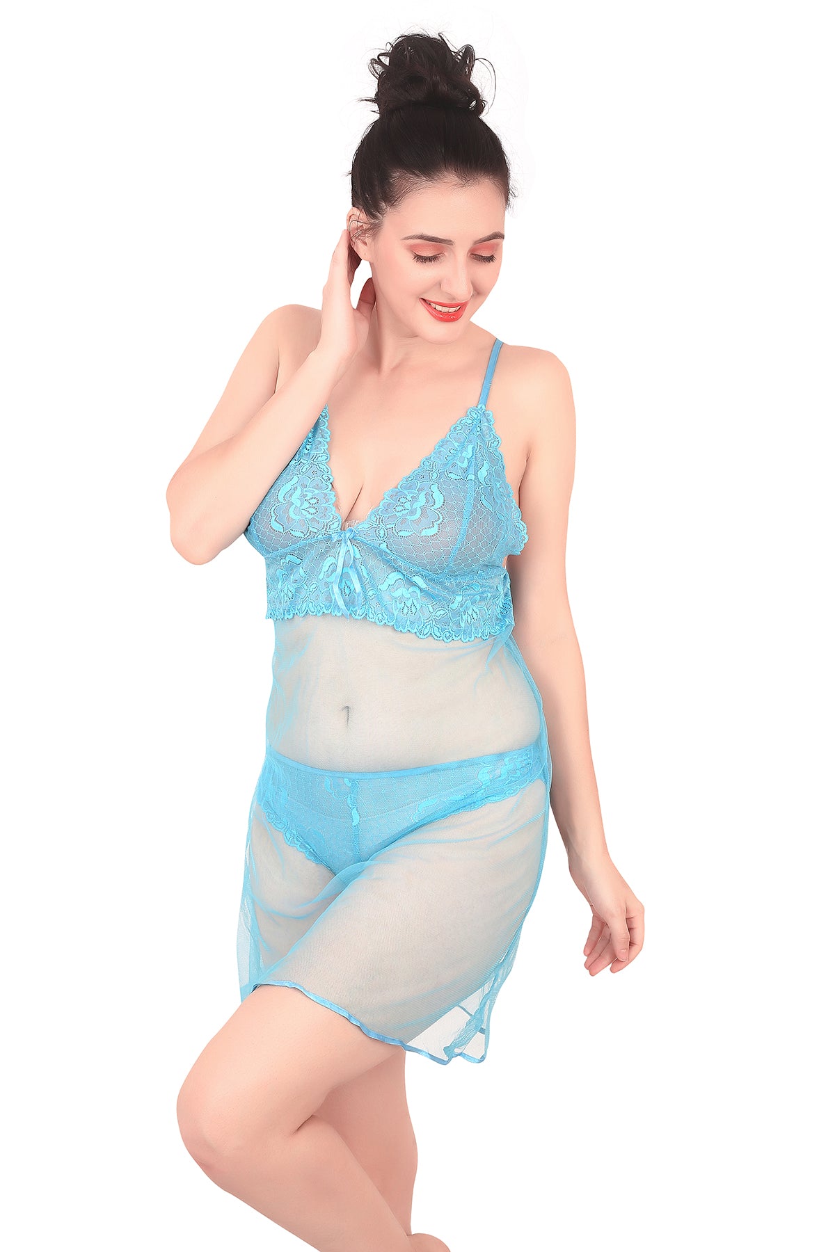 Self Design Power Net Baby Doll Nighty for Women, Sky Blue
