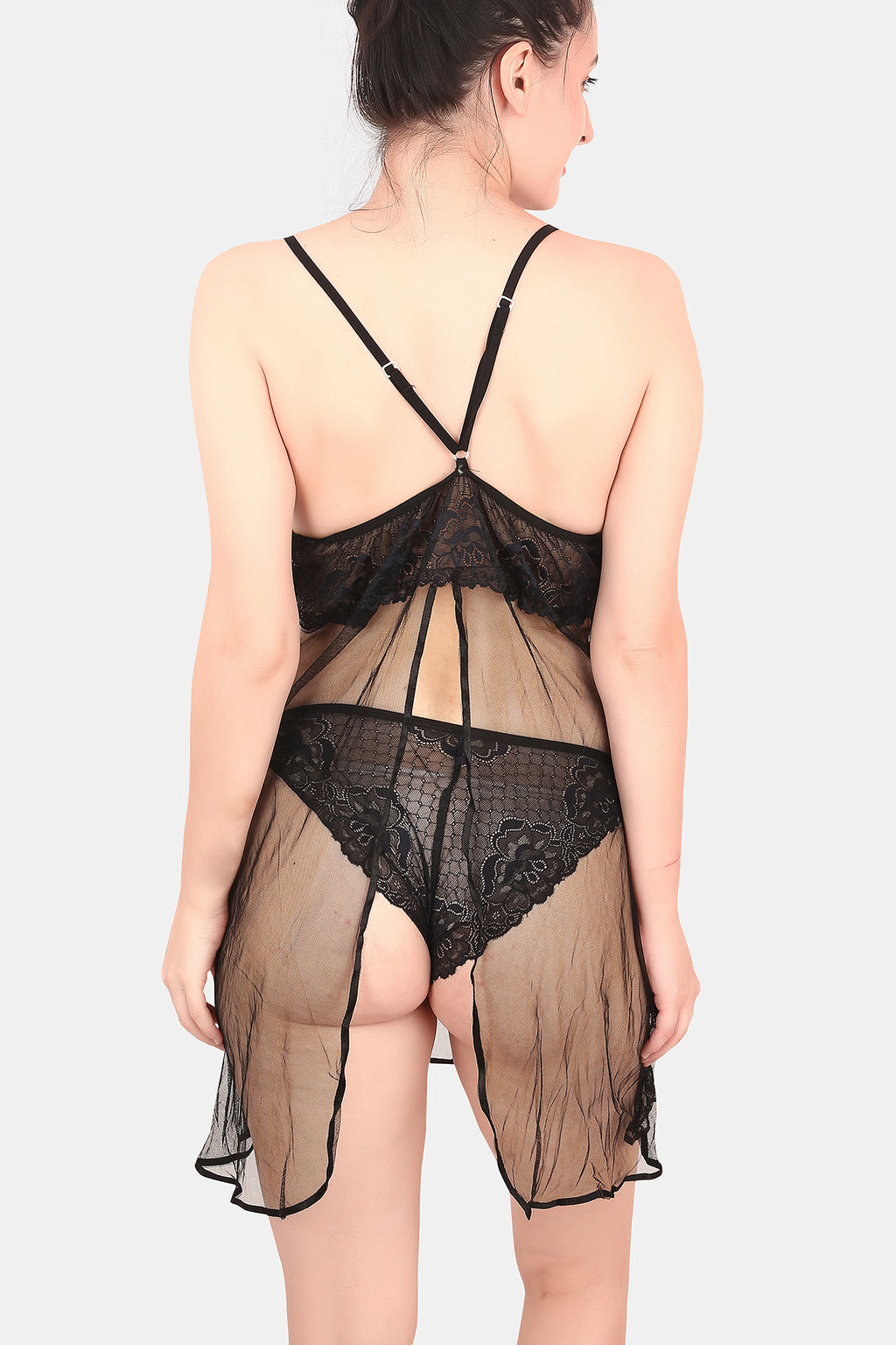 Black Power Net Self Design Babydoll Nighty with Thong for Women