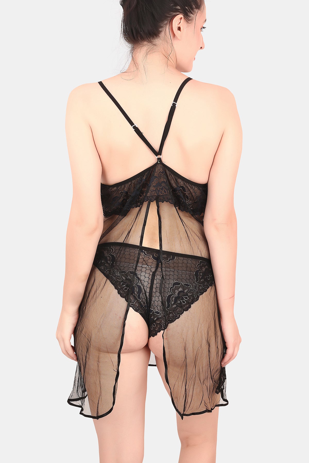 Black Power Net Self Design Babydoll Nighty with Thong for Women
