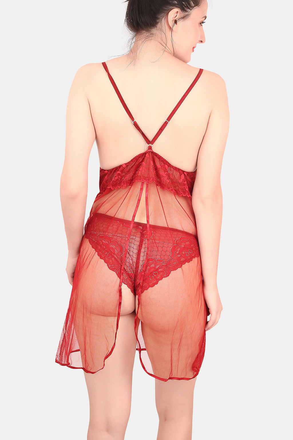 Maroon Self Design Power Net Babydoll Nighty for Women