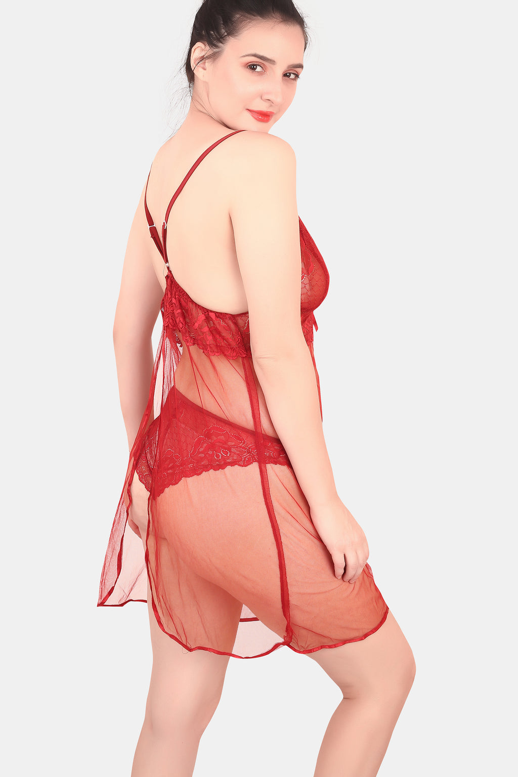Maroon Self Design Power Net Babydoll Nighty for Women