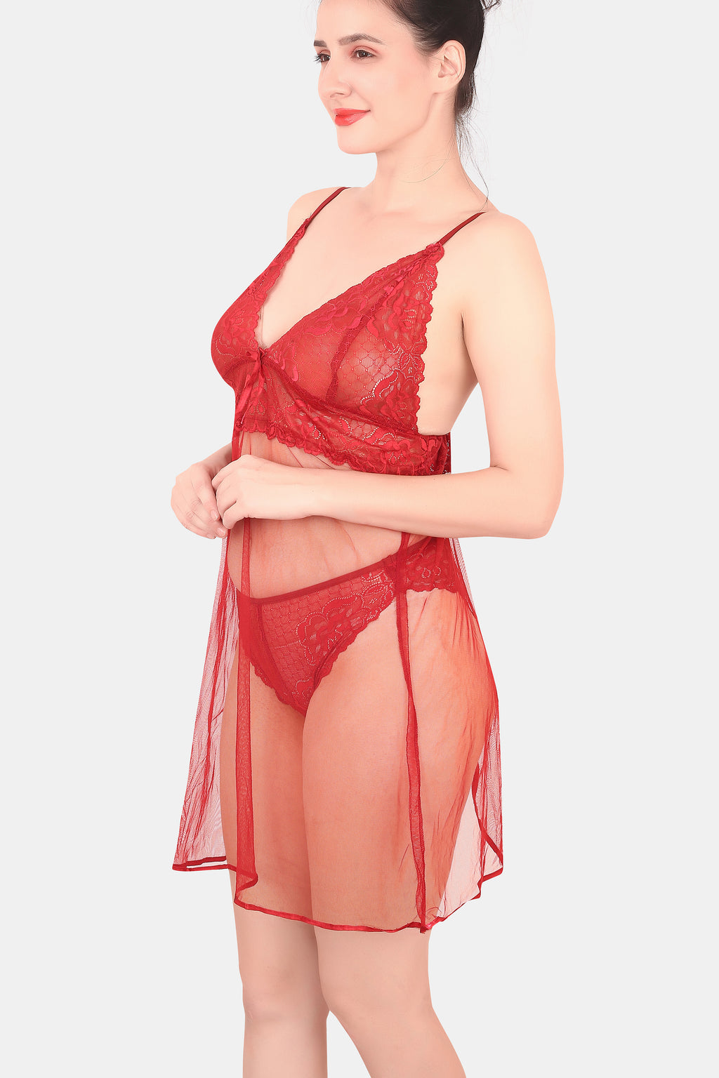 Maroon Self Design Power Net Babydoll Nighty for Women
