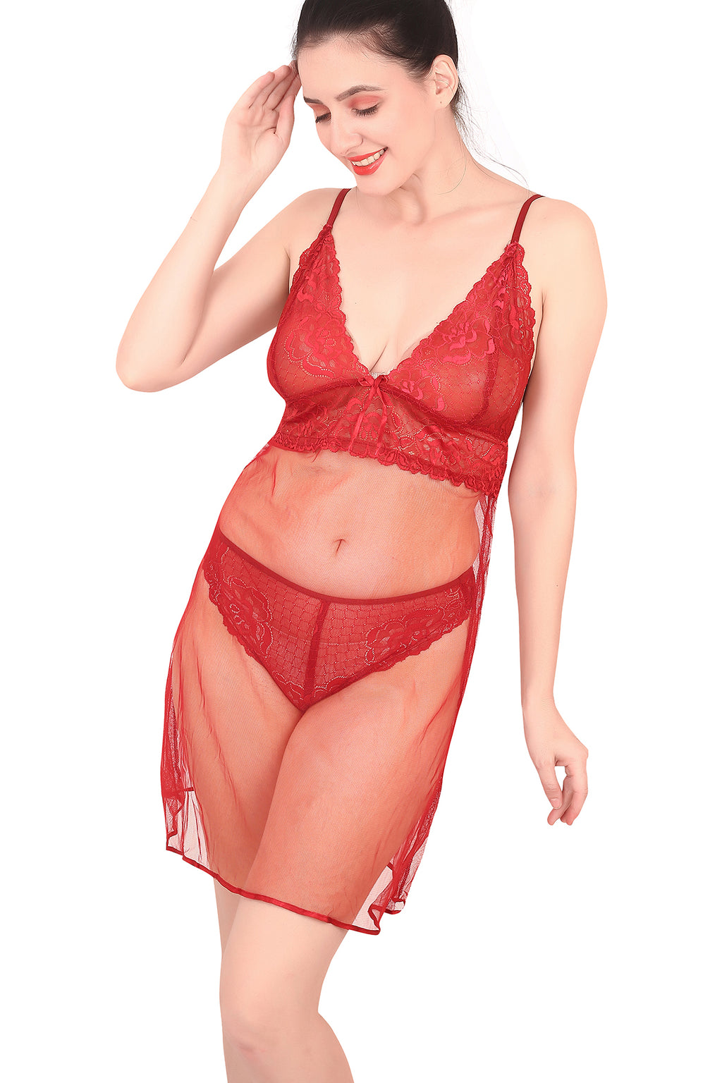 Maroon Self Design Power Net Babydoll Nighty for Women