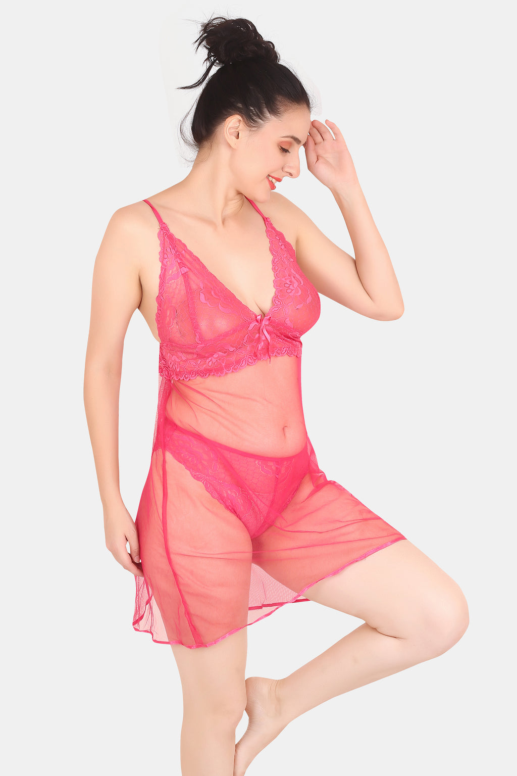 Pink Self Design Power Net Babydoll Nighty for Women