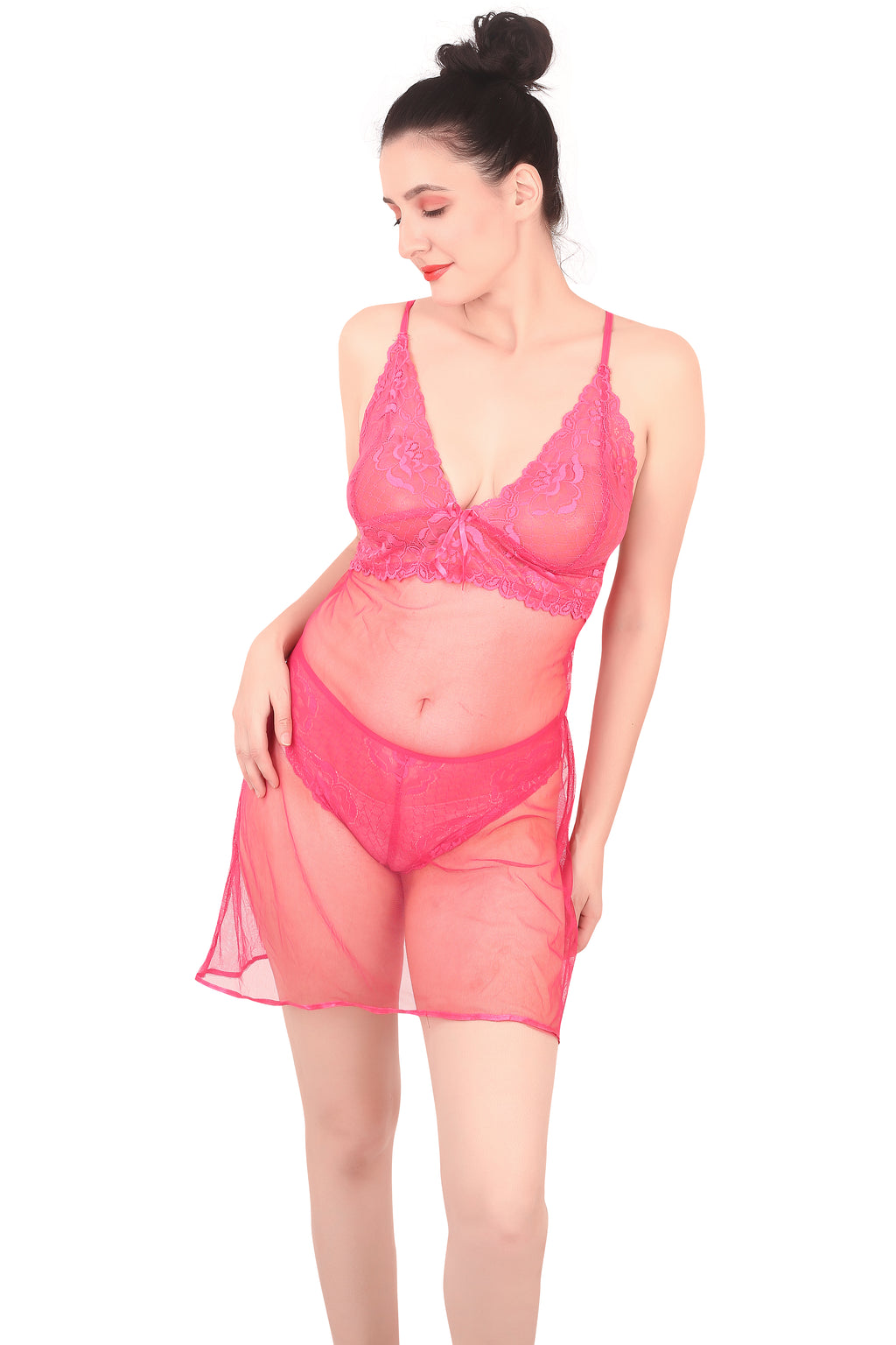 Pink Self Design Power Net Babydoll Nighty for Women