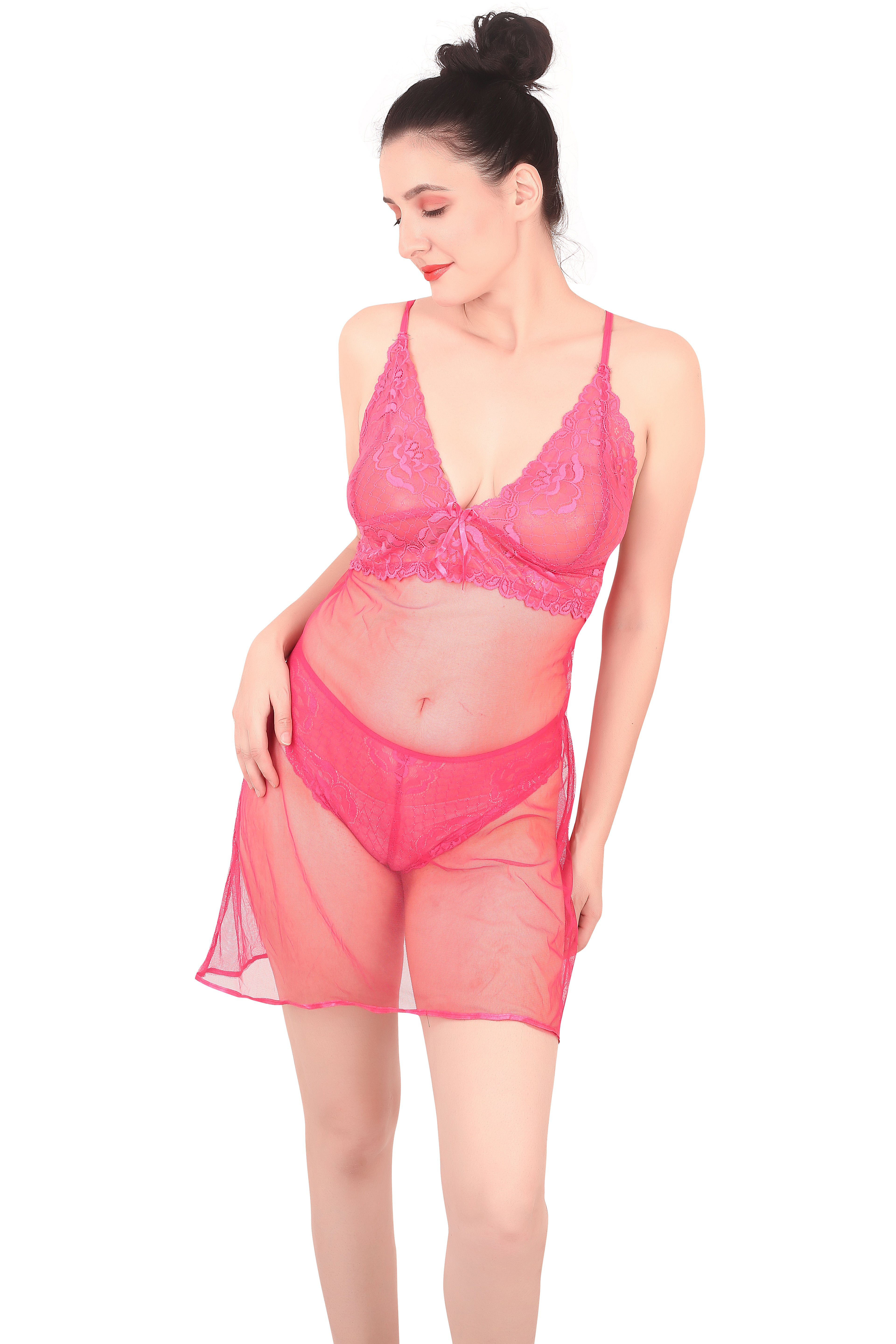 Pink Self Design Power Net Babydoll Nighty for Women