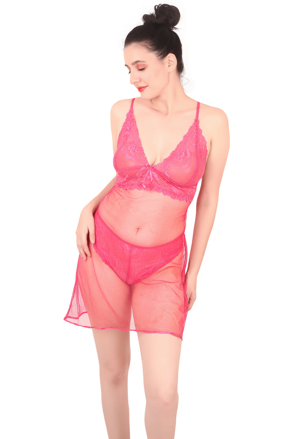 Pink Self Design Power Net Babydoll Nighty for Women