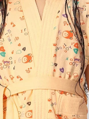 Orange Terry Cotton Printed Half Sleeves Pack of 1 Bath Gown Close View