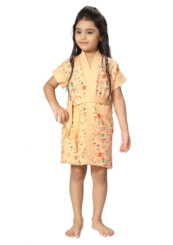 Orange Terry Cotton Printed Half Sleeves Pack of 1 Bath Gown for Kids