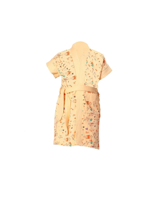 Orange Terry Cotton Printed Half Sleeves Pack of Bath Gown for Kids