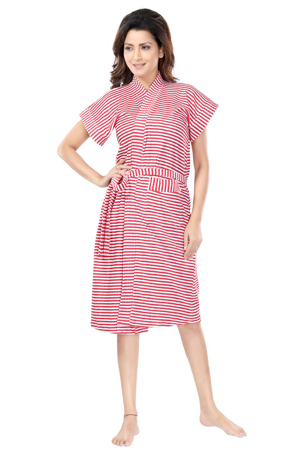 Red Striped Terry Cotton Bath Robe for Women