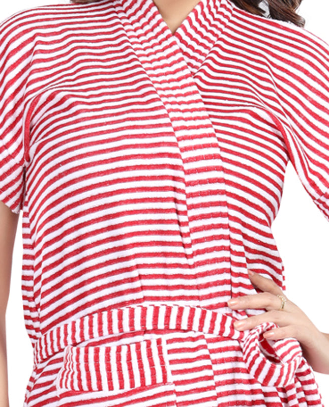 Red Striped Terry Cotton Bath Robe for Women