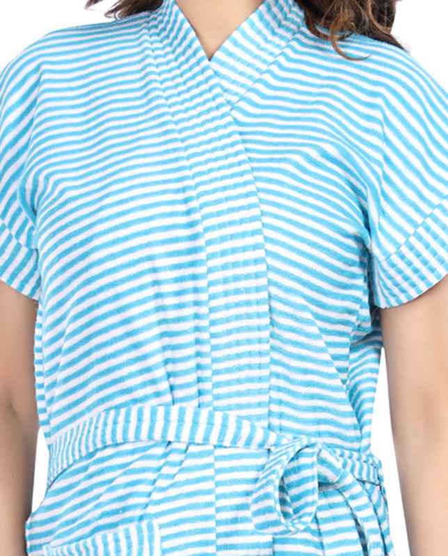 Terry Cotton Striped Half Sleeves Pack of 1 Bath Robe for Women