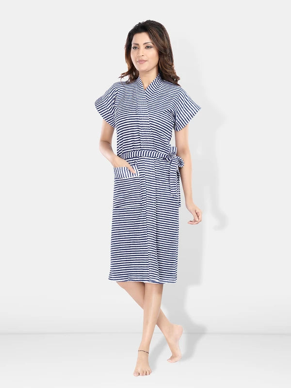 Blue Terry Cotton Striped Half Sleeves Pack of 1 Bath Robe for Women