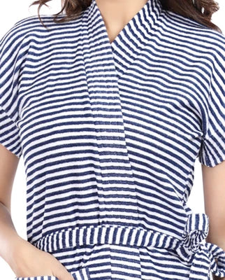 Blue Terry Cotton Striped Half Sleeves Pack of 1 Bath Robe Close View