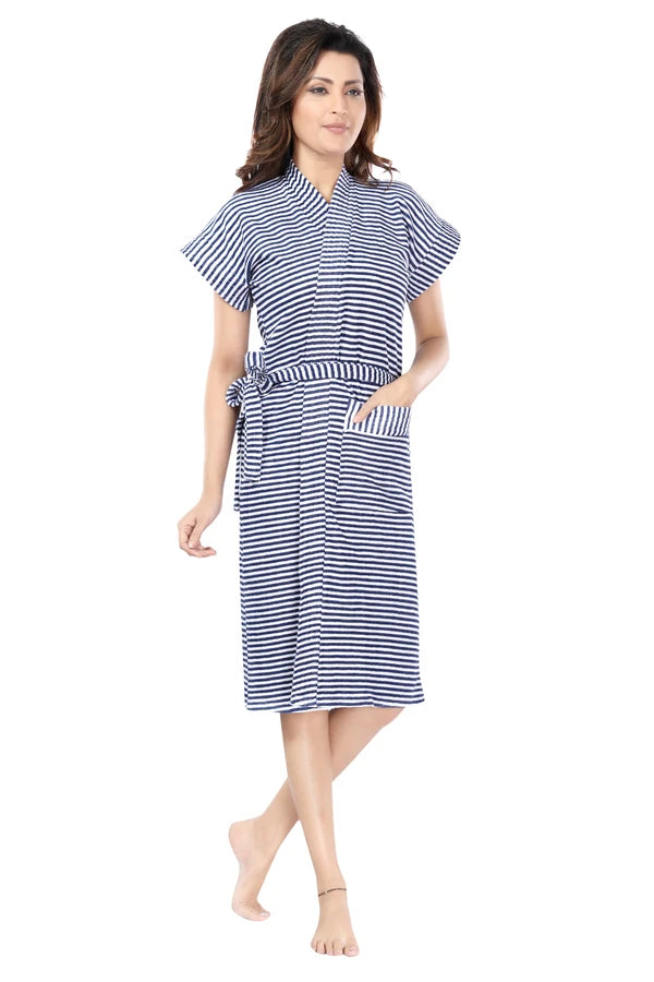 Blue Terry Cotton Striped Half Sleeves Pack of 1 Bath Robe 