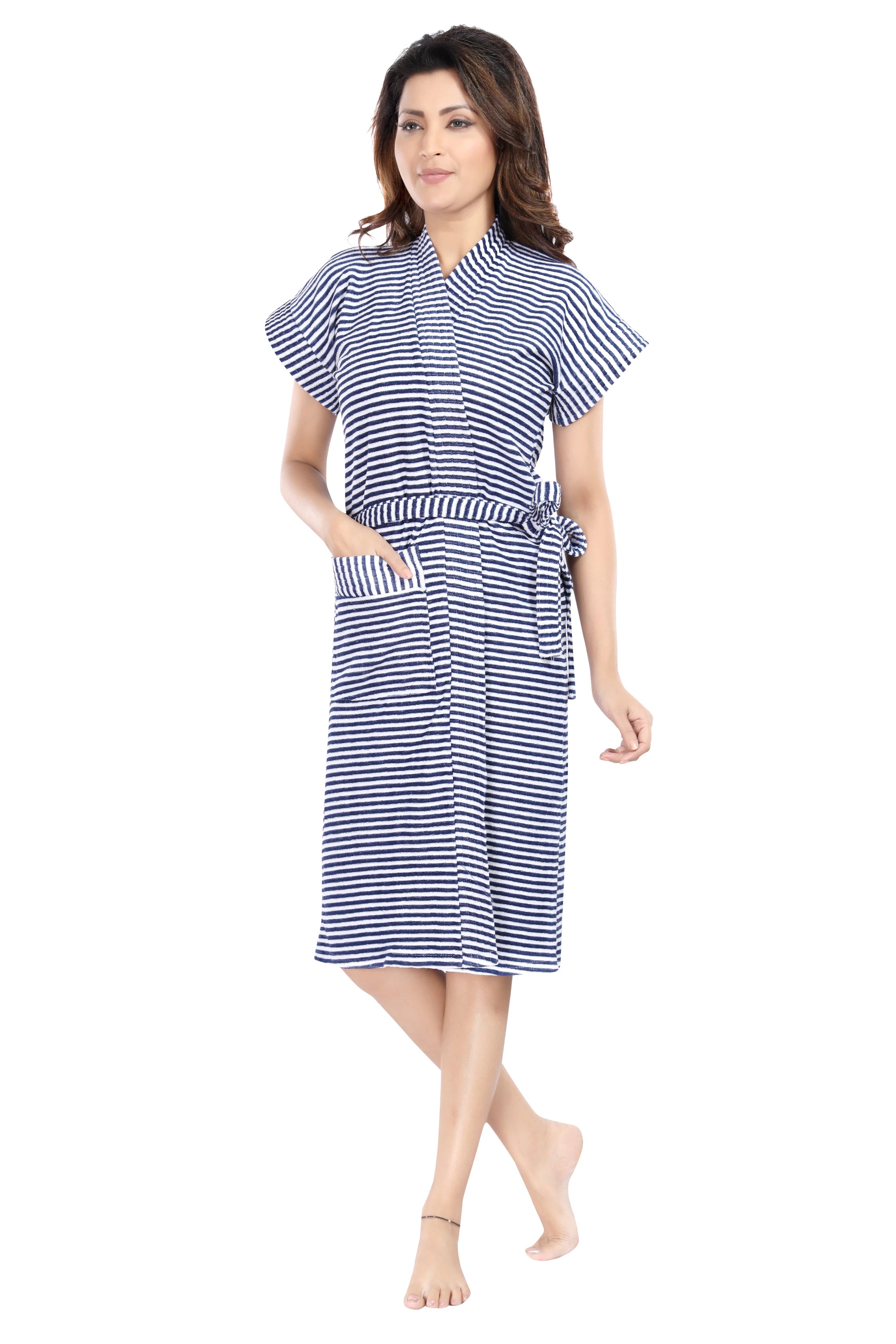 Blue Terry Cotton Striped Half Sleeves Pack of Bath Robe for Women