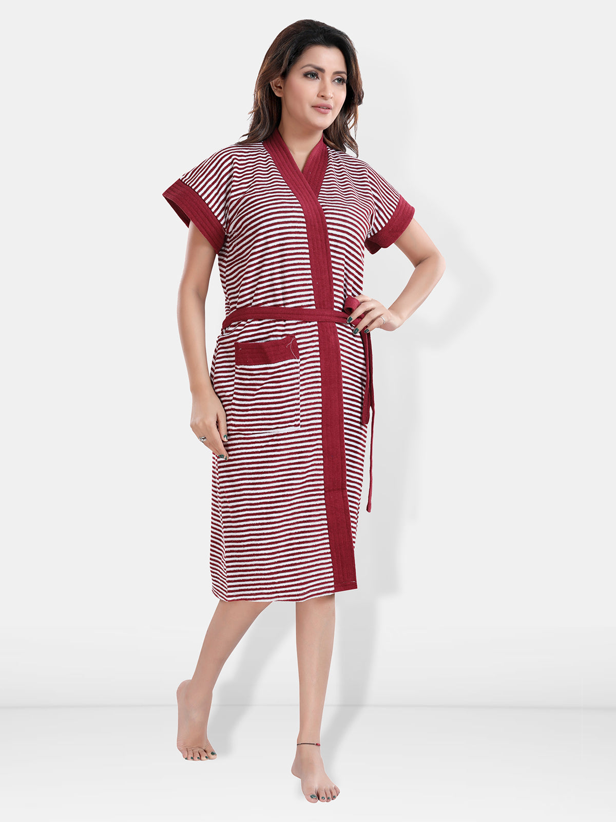 Terry Cotton Striped Half Sleeves Pack of 1 Bath Robe for Women
