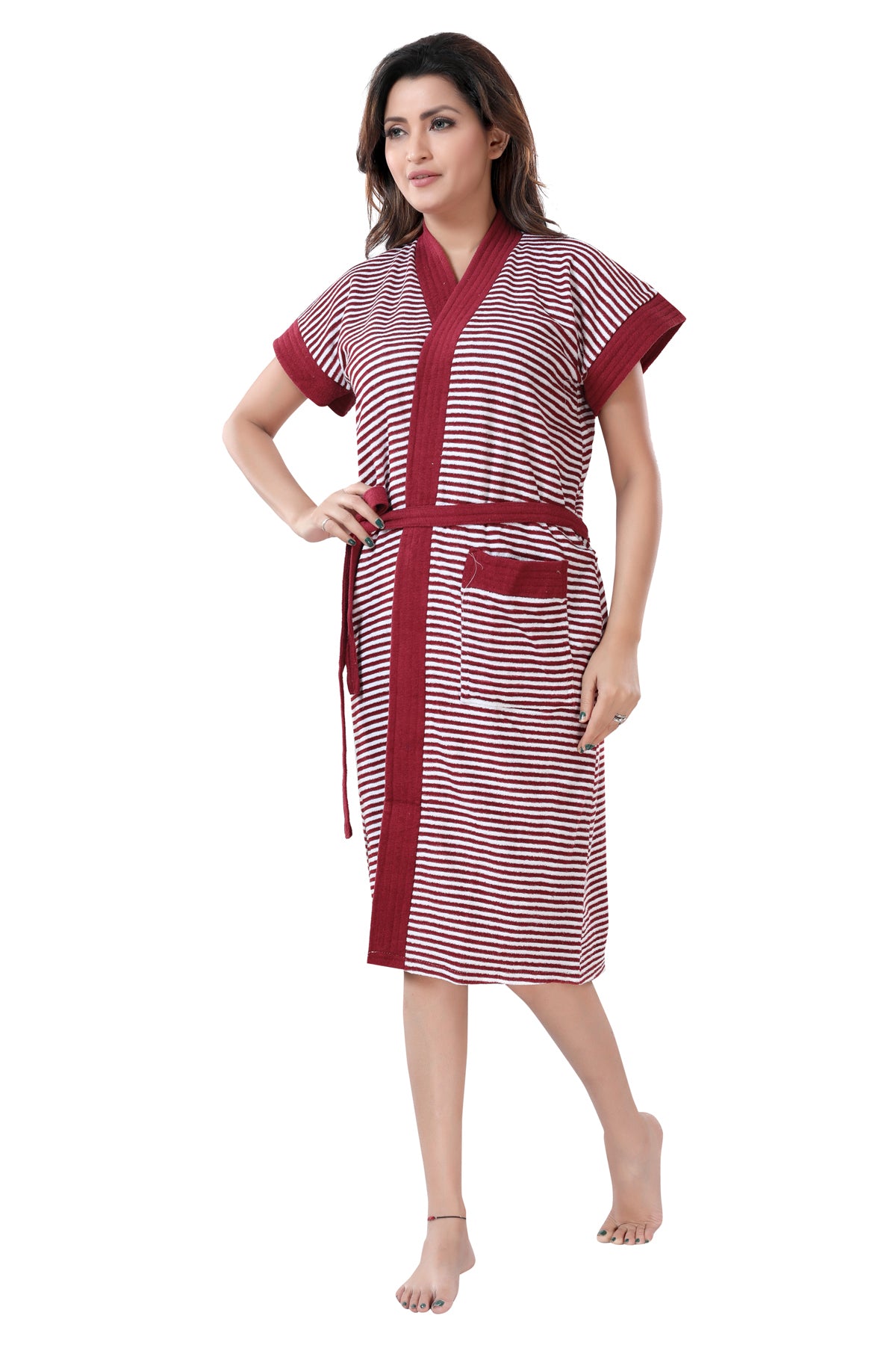 Terry Cotton Striped Half Sleeves Pack of 1 Bath Robe for Women