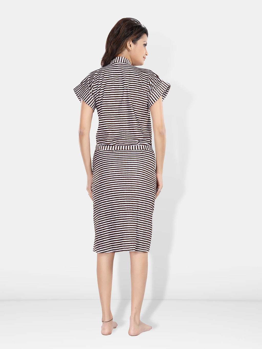 Terry Cotton Striped Half Sleeves Pack of 1 Bath Robe for Women