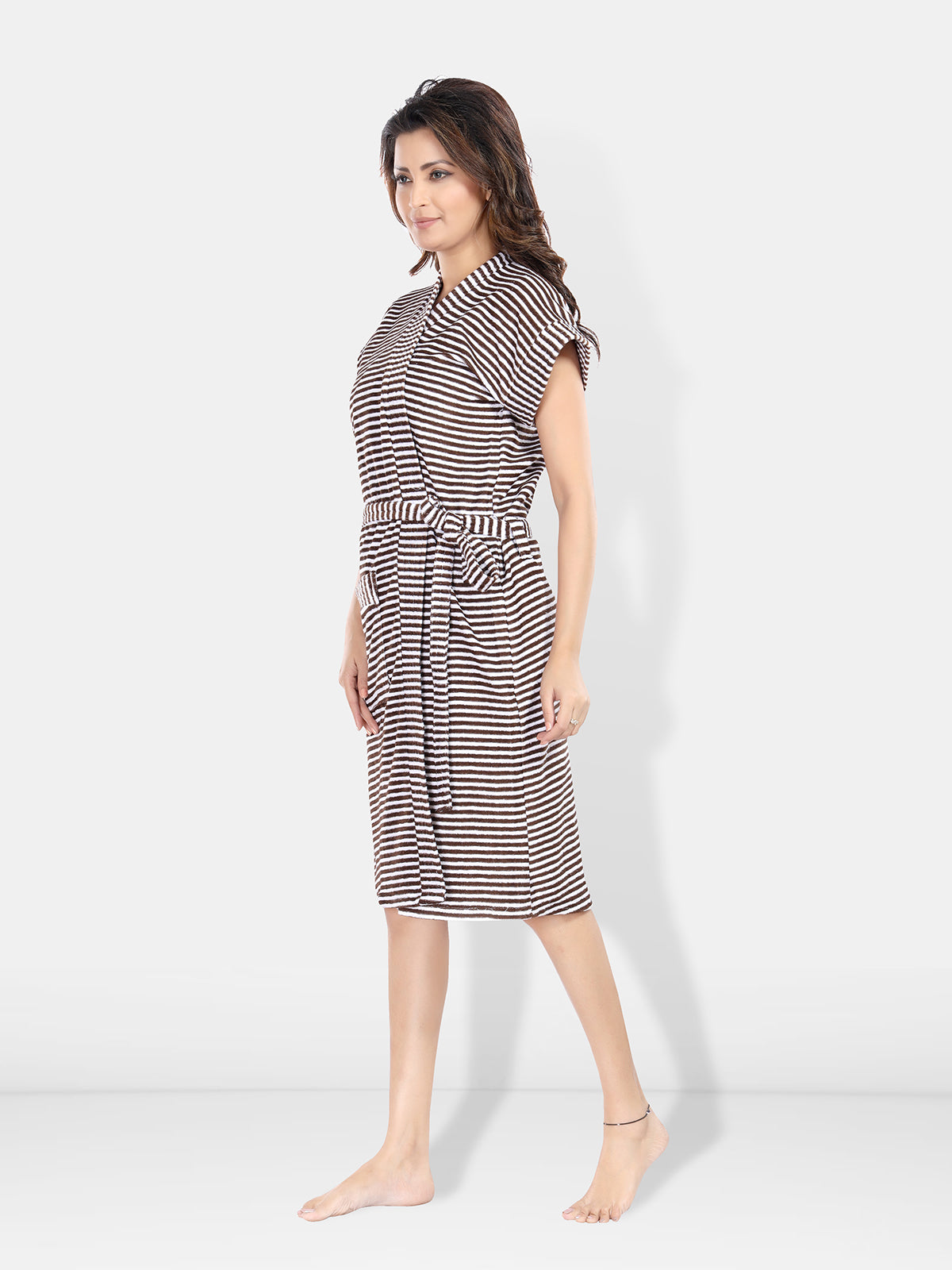 Terry Cotton Striped Half Sleeves Pack of 1 Bath Robe for Women