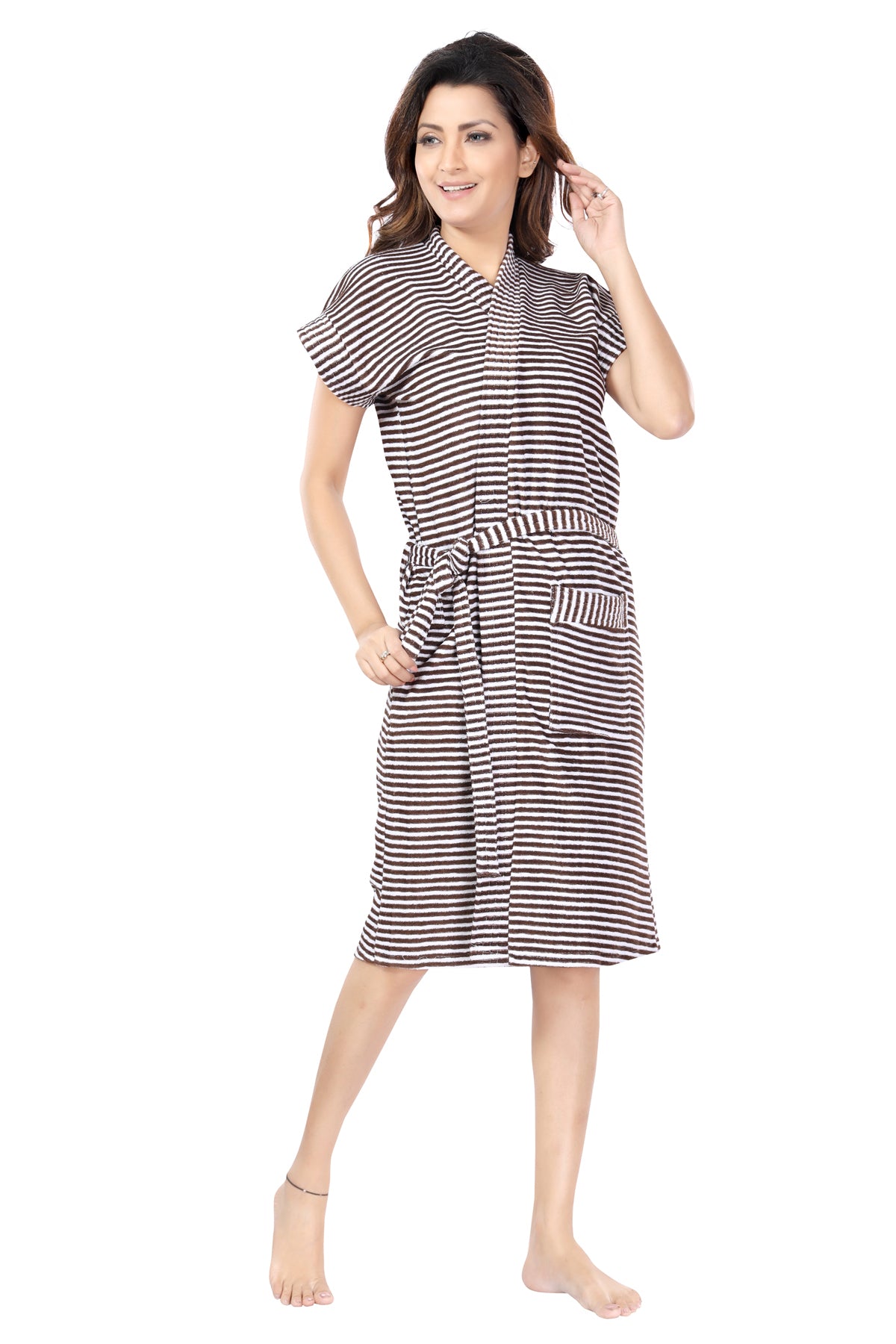Terry Cotton Striped Half Sleeves Pack of 1 Bath Robe for Women