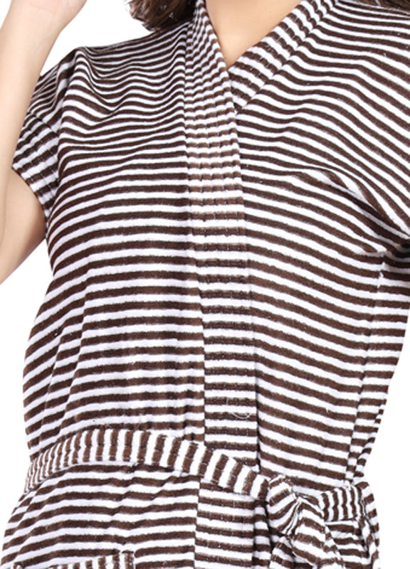 Terry Cotton Striped Half Sleeves Pack of 1 Bath Robe for Women