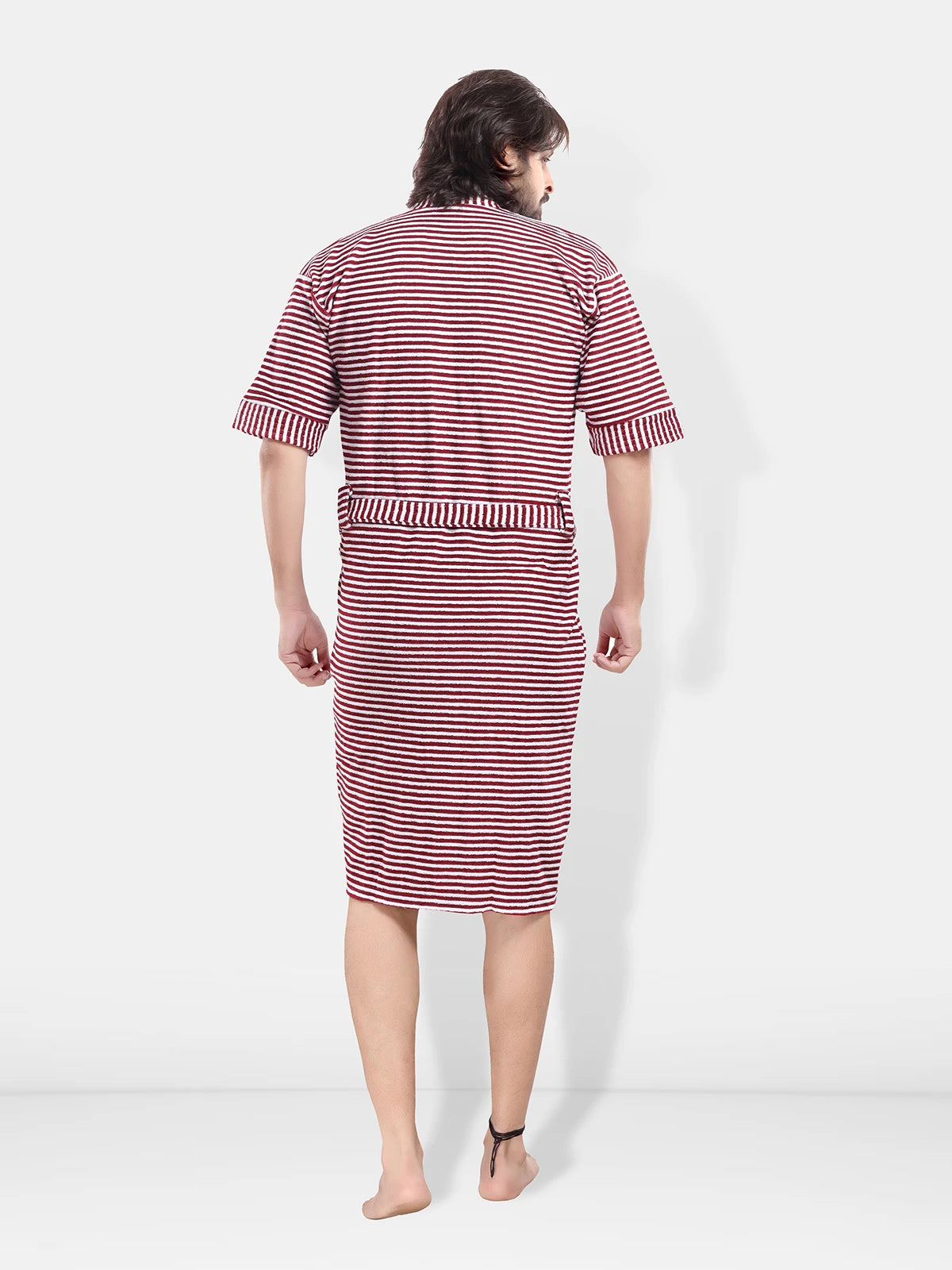 Maroon Terry Cotton Striped Half Sleeves Pack of 1 Bath Gown for Men Back View