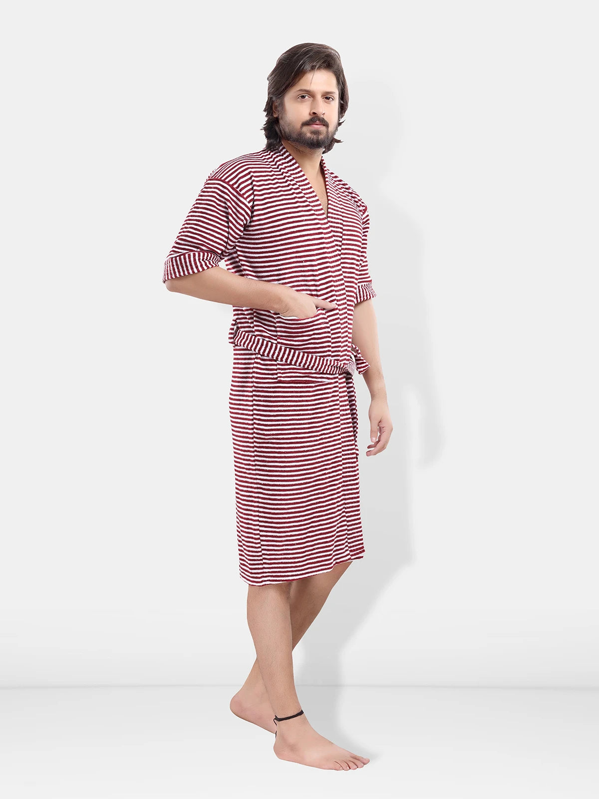 Maroon Terry Cotton Striped Half Sleeves Pack of Bath Gown 