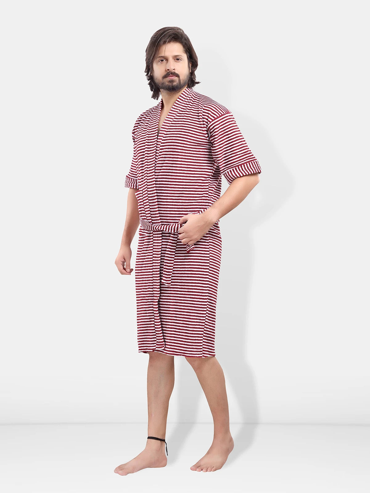 Maroon Terry Cotton Striped Half Sleeves Pack of 1 Bath Gown for Men Side View