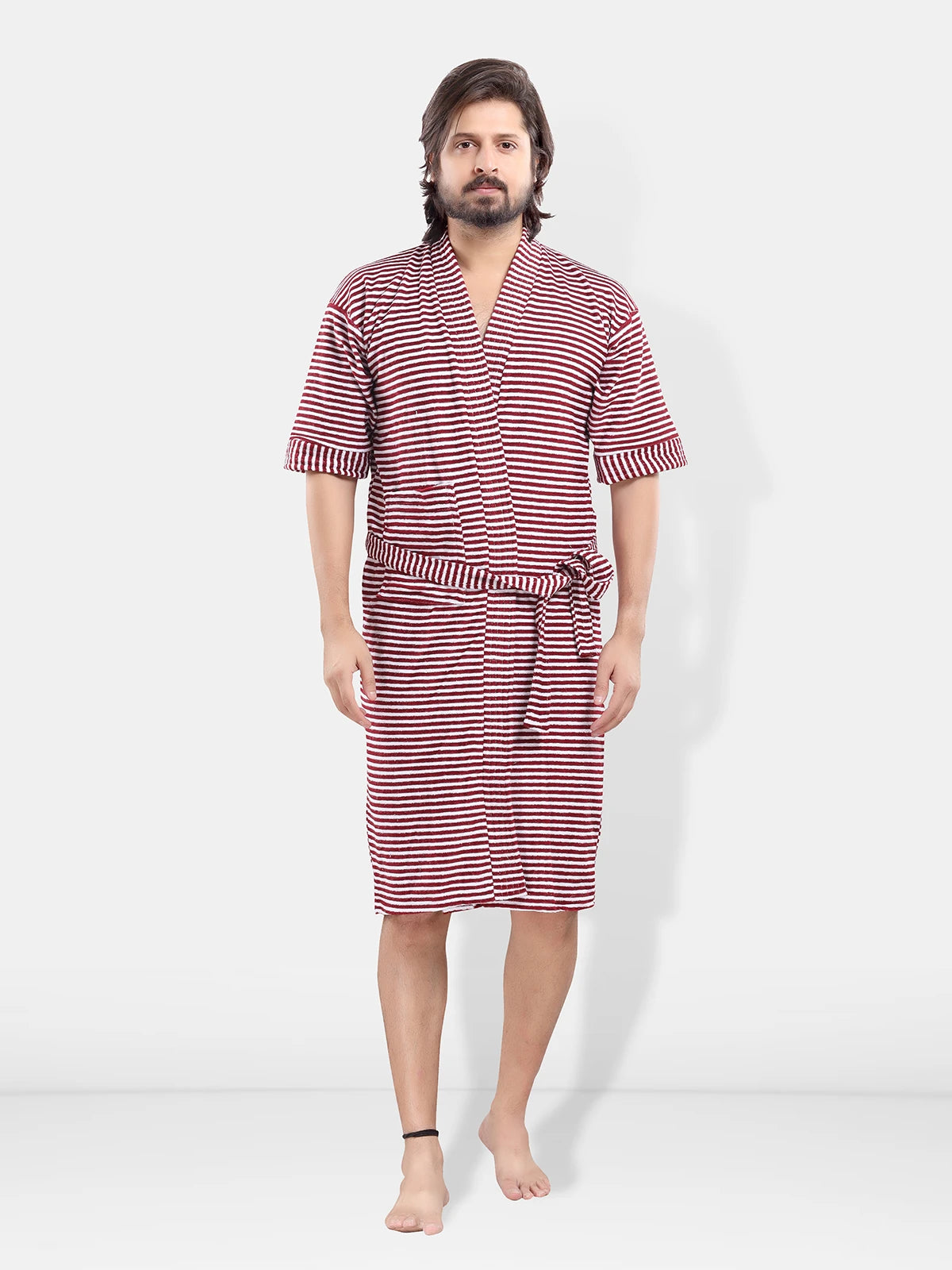 Maroon Terry Cotton Striped Half Sleeves Pack of 1 Bath Gown for Men